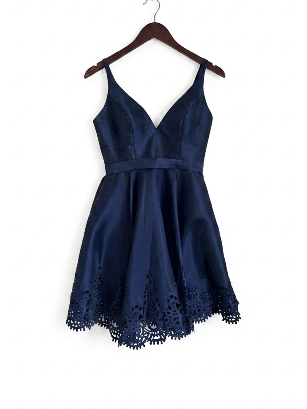 Sherri Hill Navy Satin Fit & Flare Cocktail Dress Laser Cut Hem US 0 UK 4